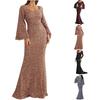 Women's V Neck Bell Sleeve Skinny Fit Mid Rise Mature Maxi Sequin Dress Formal Mermaid Maxi Dress