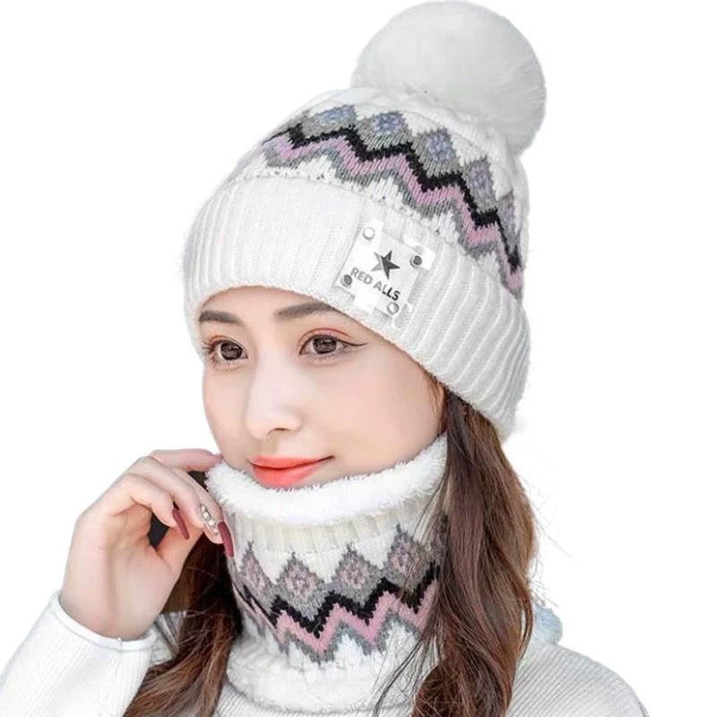 2PCS Beanies Cycling Windproof Hat Scarf Set Outdoor Plush Velvet Winter Ear Protection Neck Warmer Women