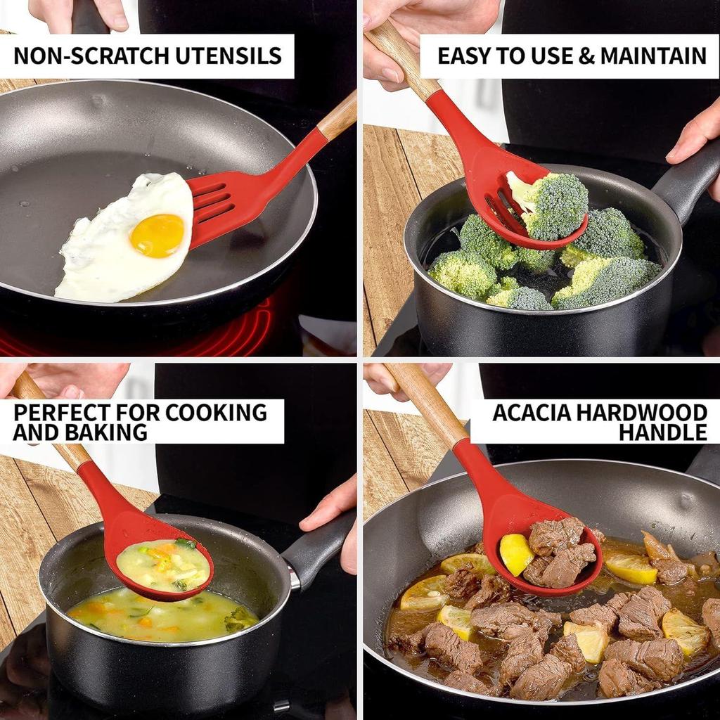 Non-Stick Silicone Cooking Utensils Set, 5 Pcs With Wooden Handle, Heat Resistant Silicone Kitchen Gadgets (Red, 5)