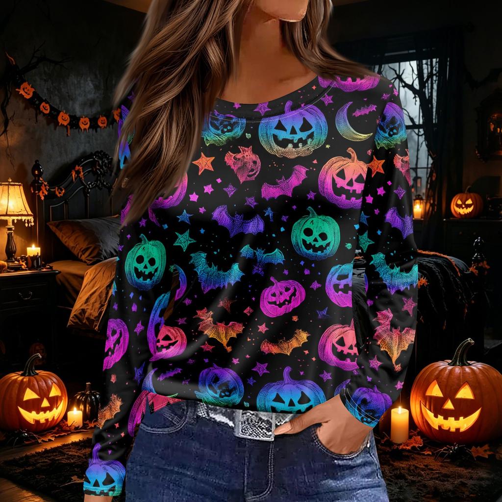 Women's Round Neck Long Sleeve Top with Halloween Print and Side Slit for Fall Festive Occasions