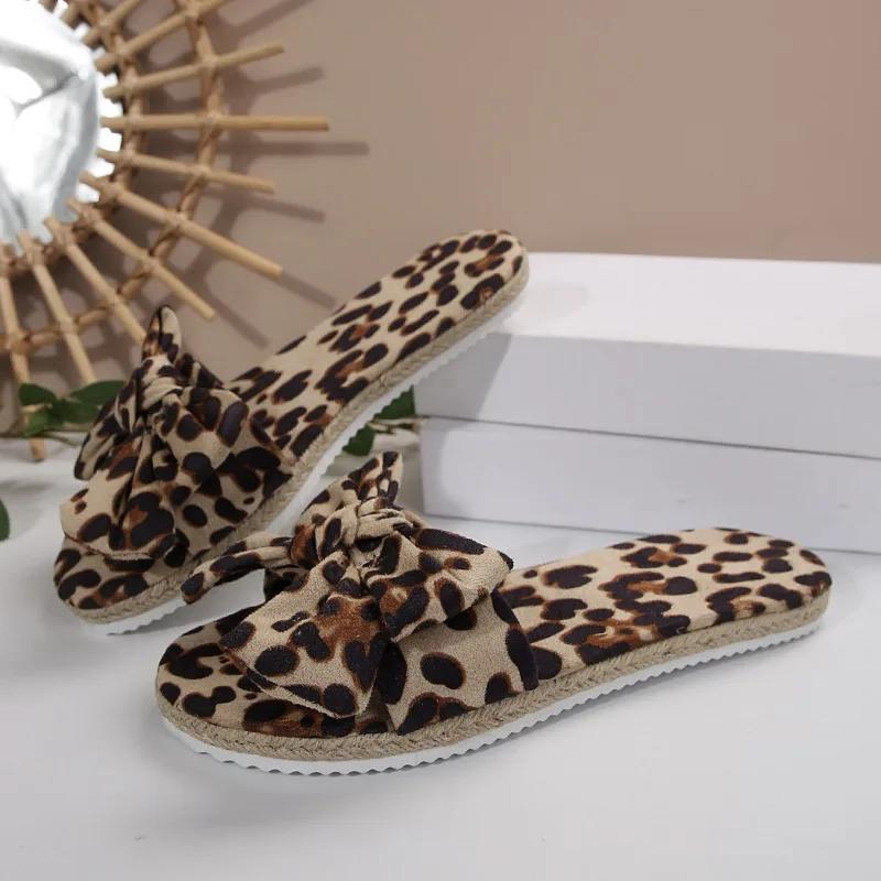 Women's Shoes Open Toe Women's Slippers Outdoor Daily Slippers Women Leopard Print Bow Tie Flat with Plus Size Sandals