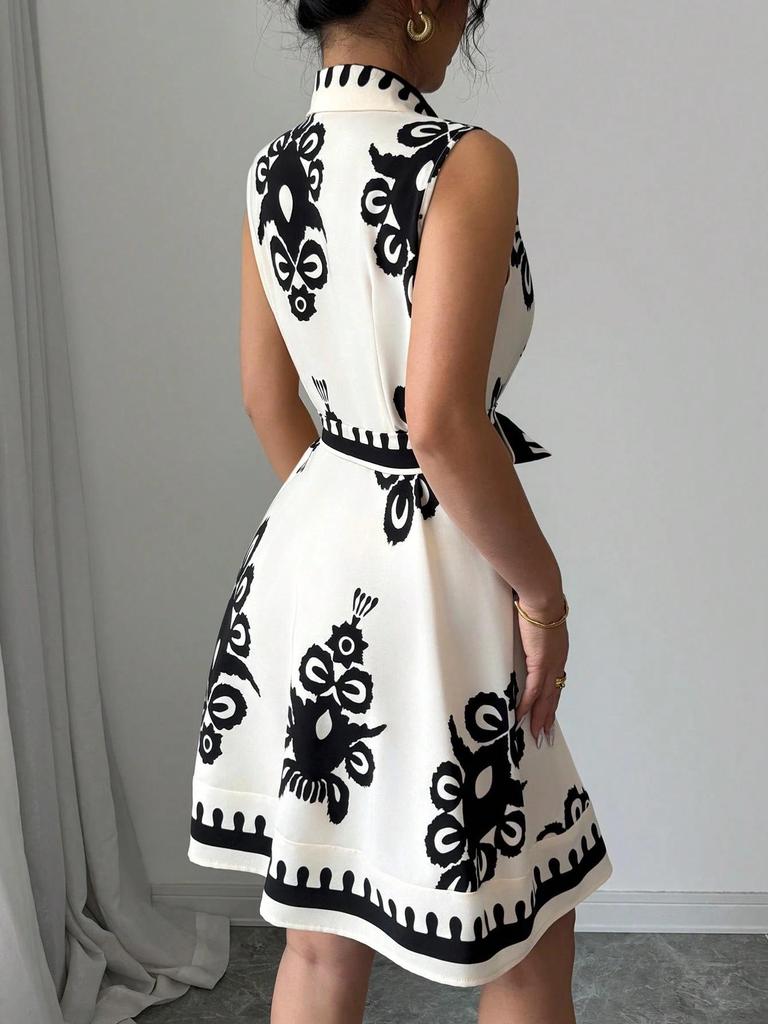 European & American Women's Summer 2025 Sleeveless Lace-up Waist-cinching Printed Dress