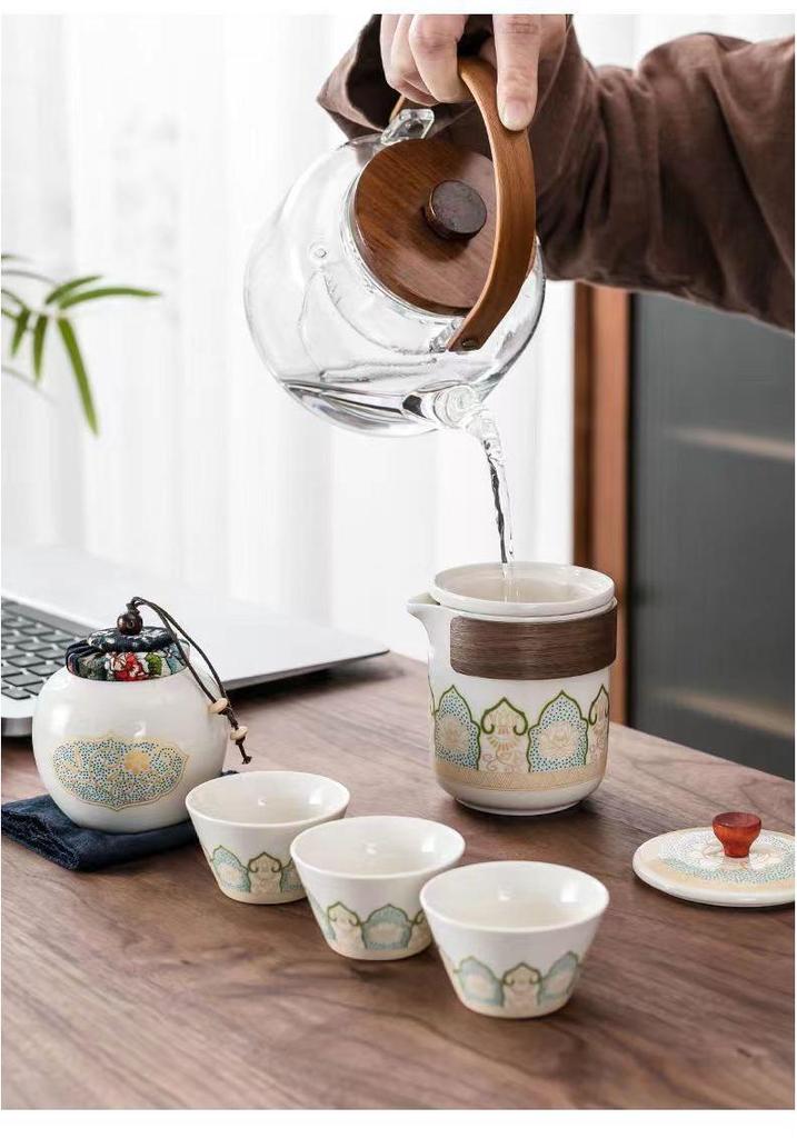 Portable Travel Tea Set: Quick-Brew Pot with Three Cups - Custom Logo Corporate Gift