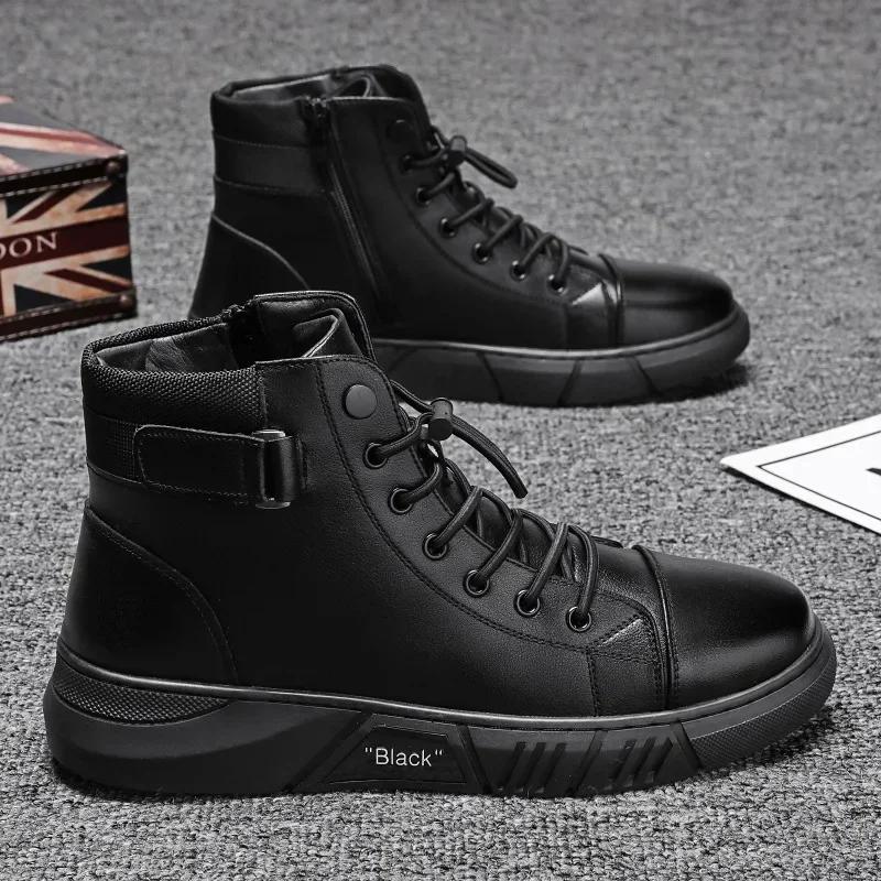 2026 Men s High Top Motorcycle Boots Fashion Black Leather Boots New Outdoor Waterproof Platform Boot Men Boots Luxury Designer 44 чёрный 2190₽
