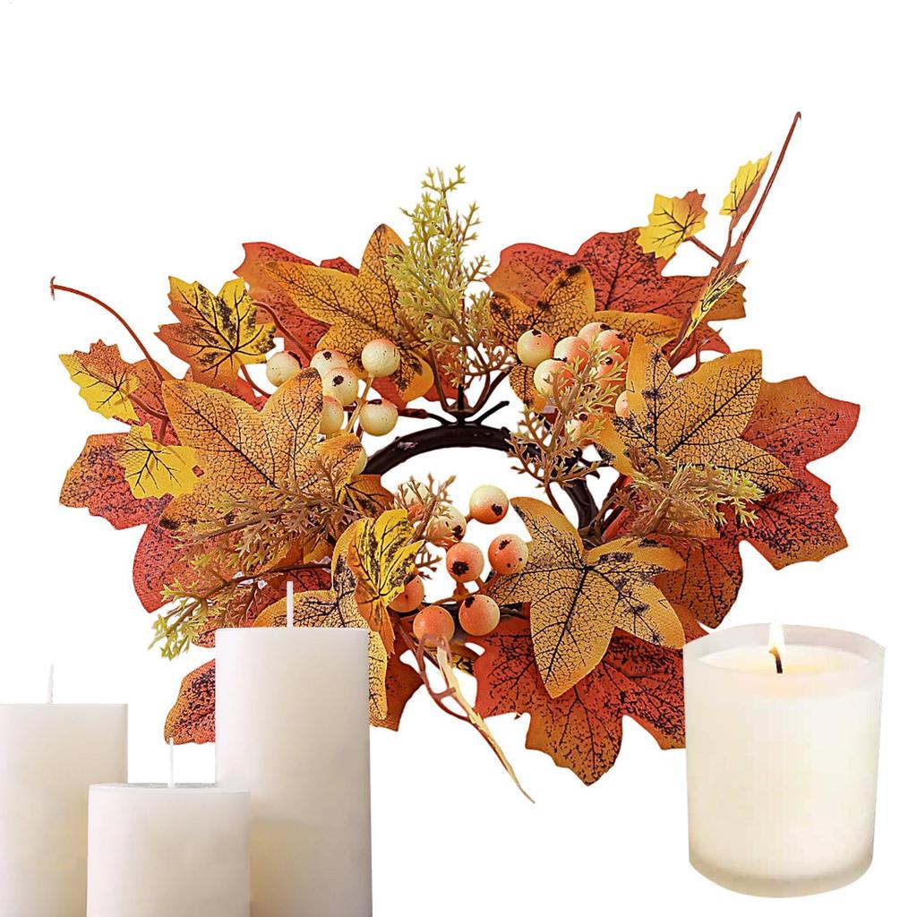 Fall Candle Ring 9.8Inch Maple Leaves Harvest Day Wreath Ring Holder Small Wreath Pillar Candle Holder Farmhouse Wreath Festival