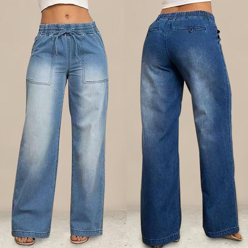 Autumn New Style Women's Denim Long Pants with Drawstring Elastic Waist Straight Leg Fashionable Wide-leg Jeans