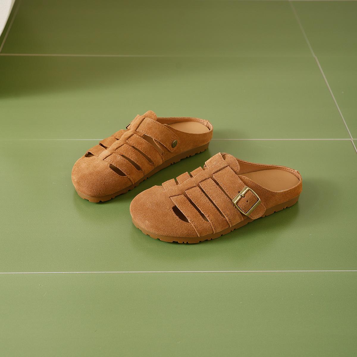 

Ретро сумка голова полу-тапочки полая пряжка ремня обувь женская летняя новая дышащая плетеная обувь на одной педали 40 коричневый