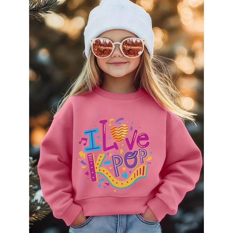 Kids Crewneck Long Sleeve Sweatshirt, Trendy Cute I Love K-POP Music Theme Cartoon Print