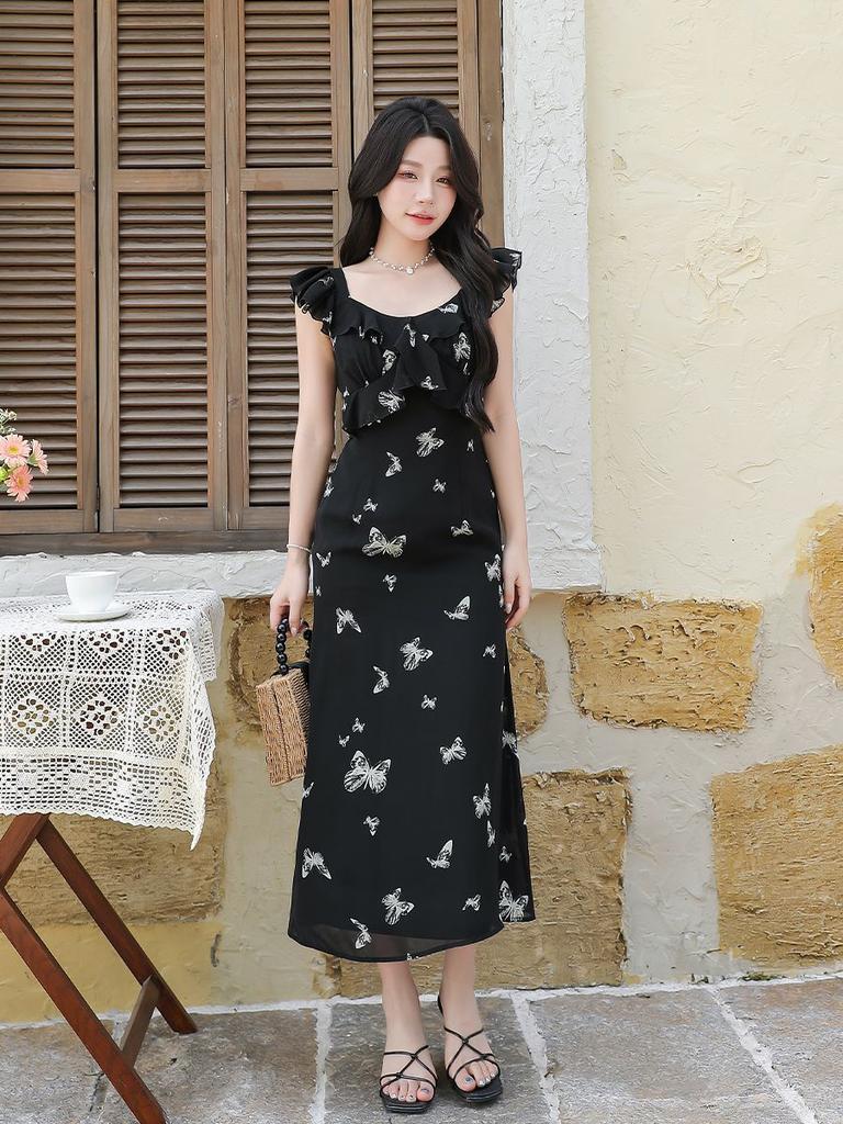 Black French Floral Retro Dress Women's Summer New Butterfly Print Small Flying Sleeve Sleeveless Temperament Long Dress