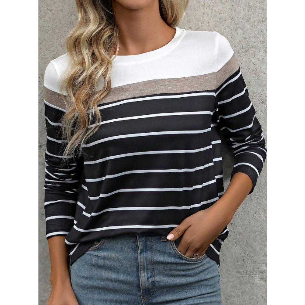 Tops for Women Striped Pattern Print Round Neck Long Sleeve T-shirt Fall Casual Slim Pullover Women's Long Sleeve Top
