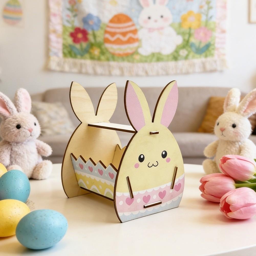 Wooden Easter Bunny Basket DIY Paint Handmade Crafts Rabbit Storage Box Semi-Open Frame Decorative Candy Storage Basket