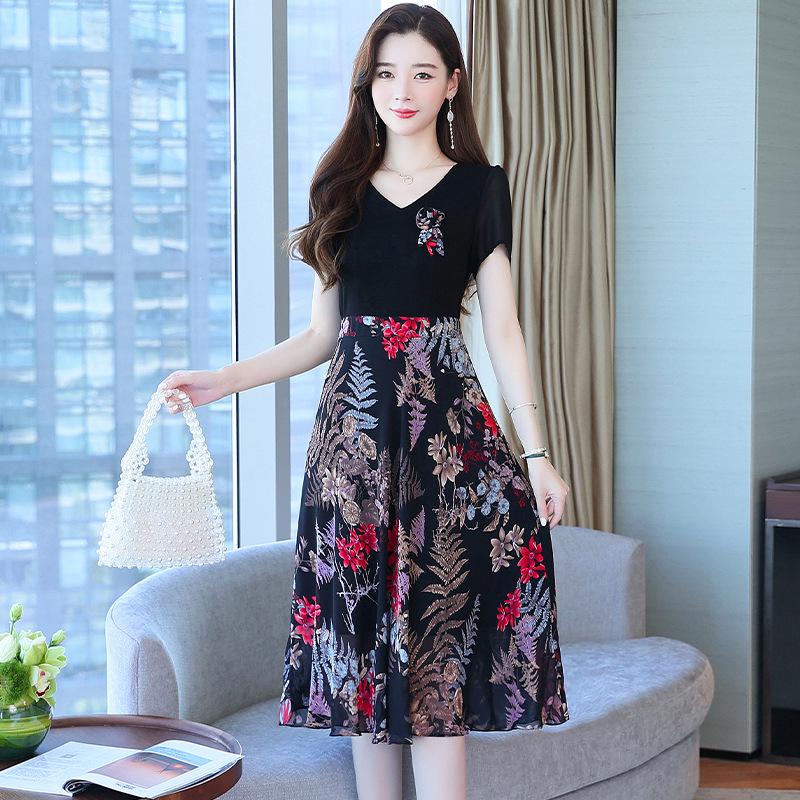 Women's Elegant Waist-Cinching Summer Chiffon Dress - Short-Sleeve, Two-Piece Look with Printed Design