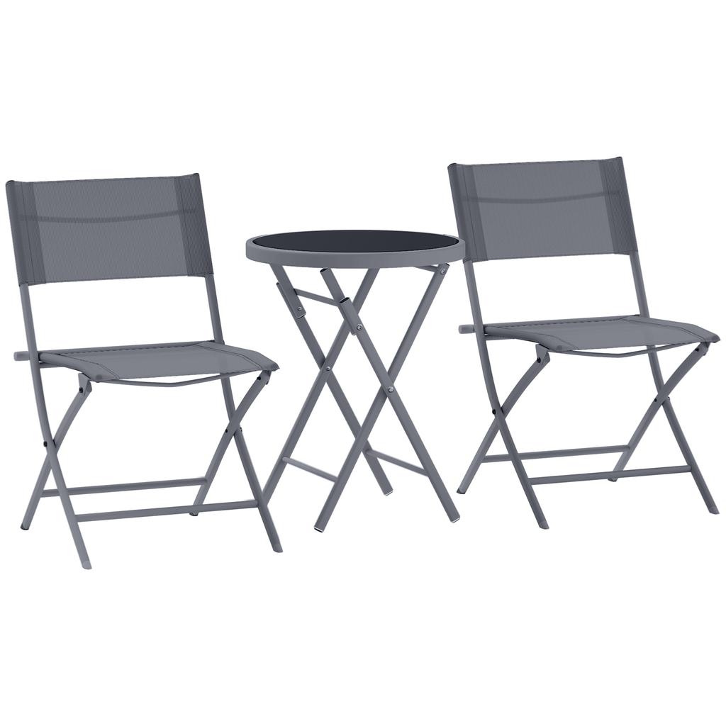 3 Pieces Outdoor Bistro Set, Glass Top Outdoor Table and 2 Folding Chairs with Protecting Feet, Grey