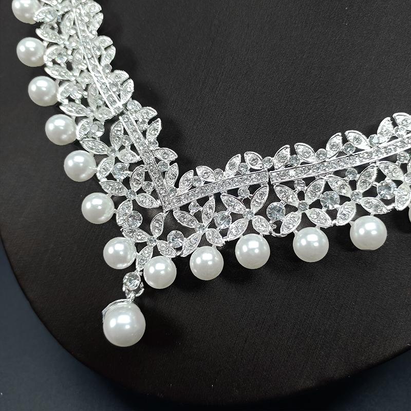 Luxury Silver Crystal Pearl Pendant Bridal Jewelry Elegant Water Diamond Banquet Party Ceremony Accessories Necklace Earring Set