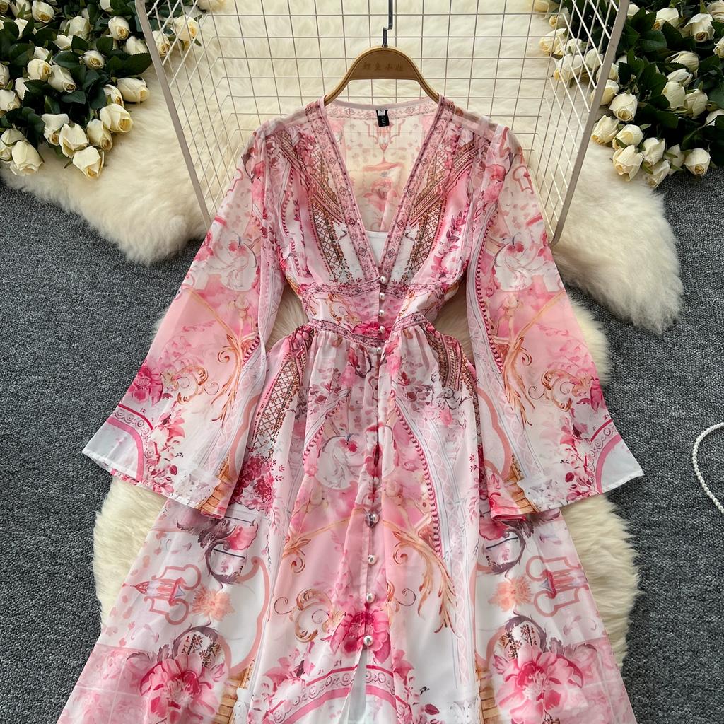 Spring Summer Bohemain Long Dress Women's V-Neck Flare Sleeve Floral Print Single Breasted High Waist A-Line Chiffon Vestidos