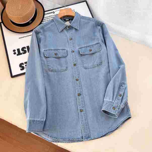 Unisex Washed Denim Long-Sleeve Loose Shirt, Casual Spring/Autumn Outerwear