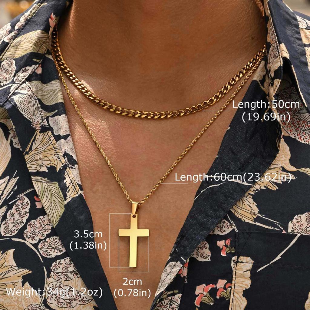 Vnox Men's Classic Cross Pendant Necklace, Stainless Steel Rope Cuban Blade Chain, Handsome Layered Neck Chains