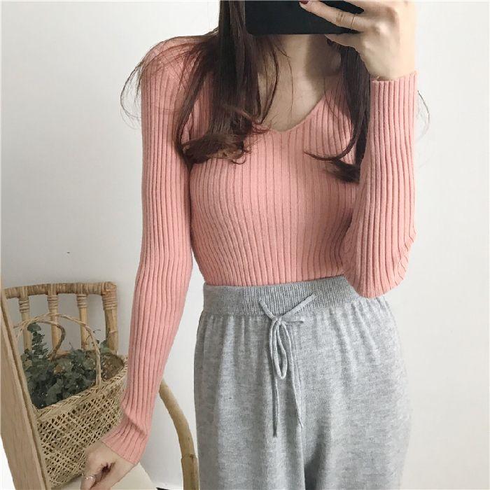 V-neck Women's Knitted Sweater, Long-sleeved, Versatile Base Layer Sweater
