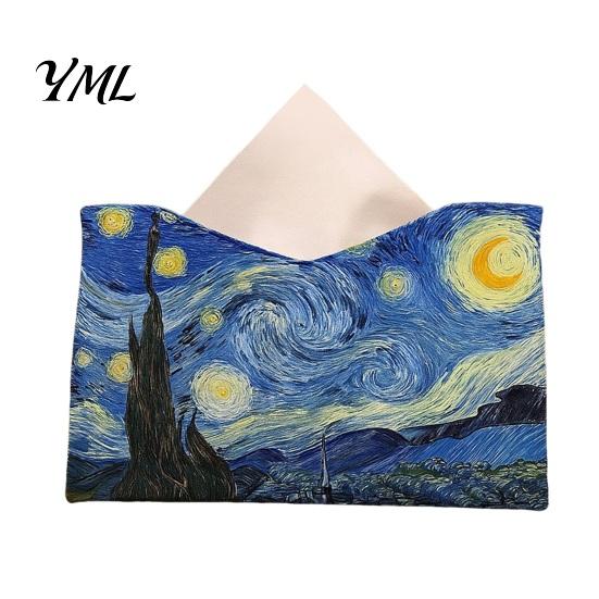 Compact Tissue Case Leather Box Cover, Foldable Desktop Organizer, Oil Painting Style Napkin Holder Case, Decorative Paper Dispenser Facial Organizer