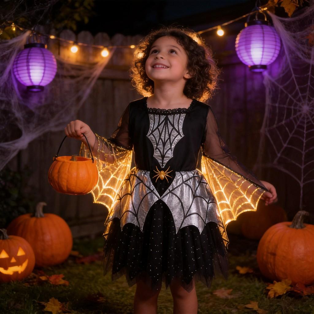 Halloween Spider Costume For Kids With Knit Fabric And Web Cloak For Stage Performance