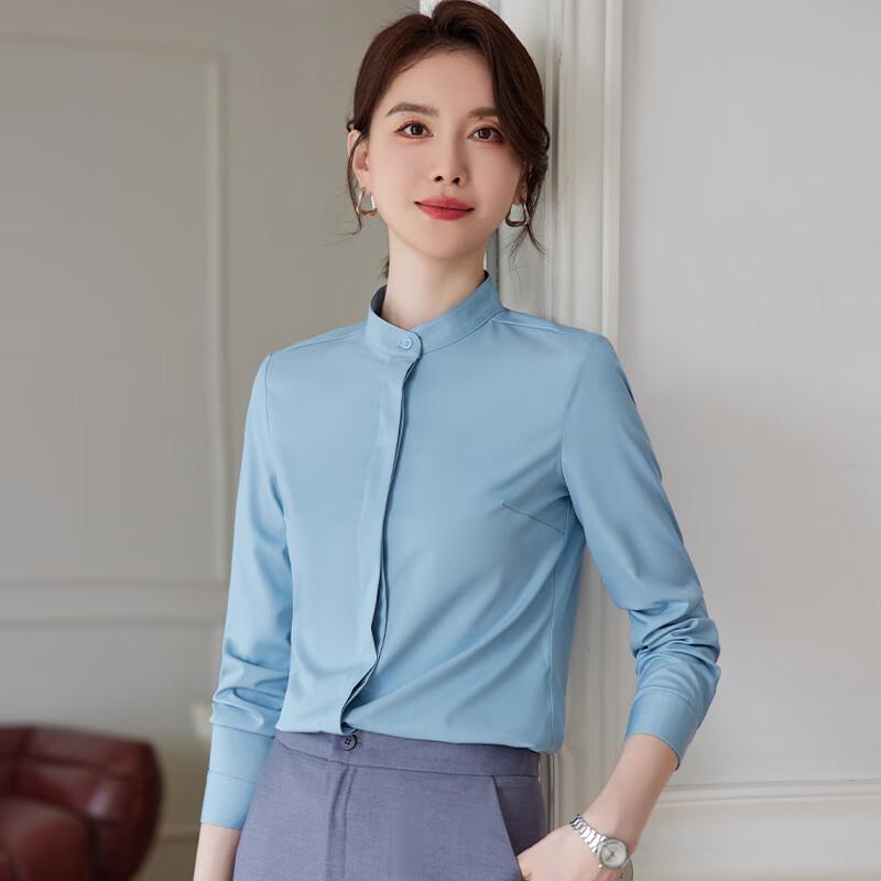 Teluoman Women's Professional Long-Sleeve Stand-Collar Blouse