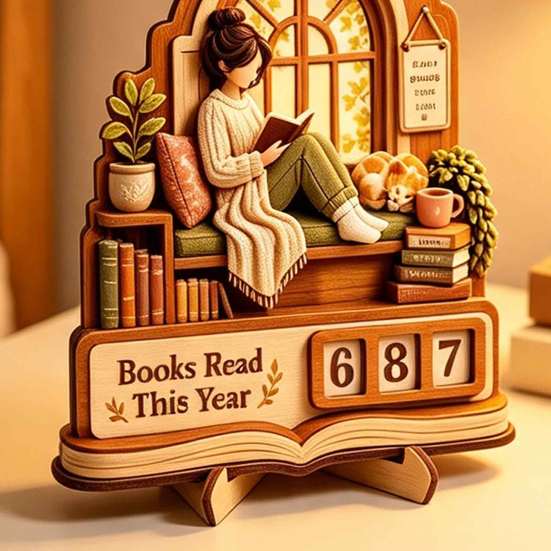 Motivational Reading Challenge Sign Book Read This Year Tracker, 3D Layered Wooden Window Handcrafted Room Accent Piece Girl Count Stand with