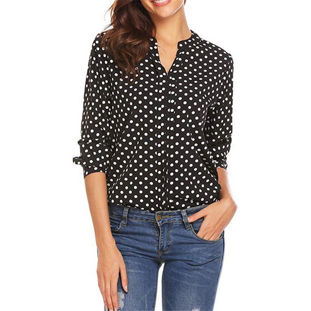 Women's Fashion Casual Polka Pot Print Long-sleeved V-neck Shirt Top