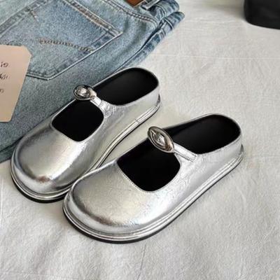 Baotou Semi-drag Outono Novo Bico Redondo Boca Rasa Fivela de Metal Uma Tira Sola Macia Antiderrapante Resistente ao Desgaste Sapatos Baixos