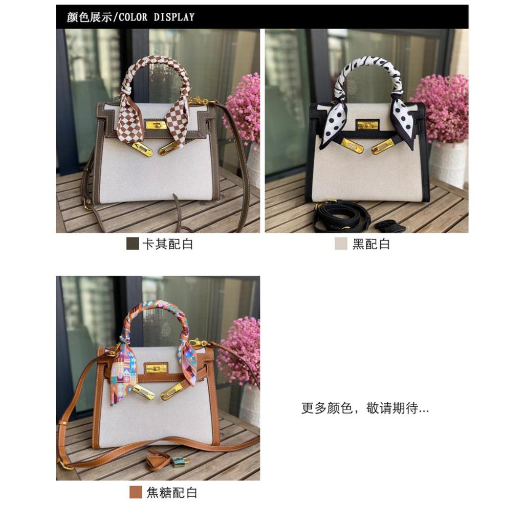 New temperament messenger bag women's canvas with leather bag contrasting color leather handbag fashion lock shoulder bag