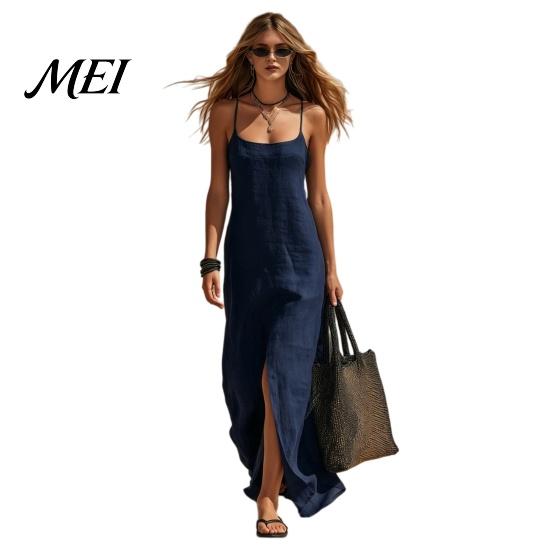Versatile Women Dress Women's Sleeveless Maxi Dress, Square Neck Spaghetti Strap Retro Style Casual Long Summer Slit Beach Vacation Sundress Everyday