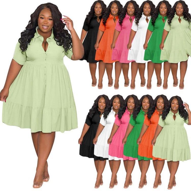 

Plus Size Women Summer Short Sleeve Lapel Solid Color Shirt Dress XL абрикосовий