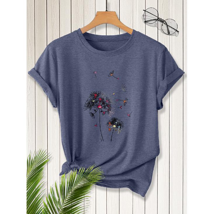 2026New SpringSummer Women s Round Neck Colorful dandelion print short sleeves T Shirt Vintage distressed casual top Soft Knit Fabric S