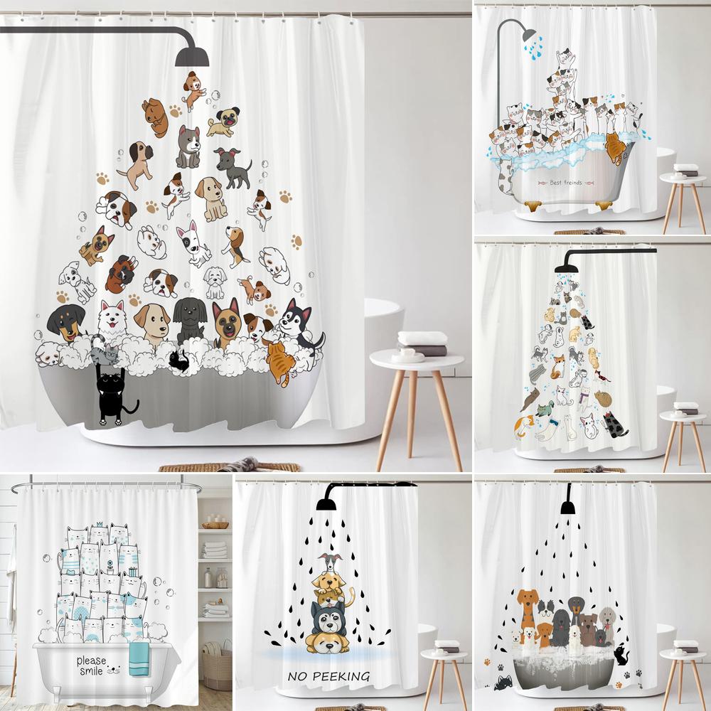 Cartoon Animal Shower Curtain Cute Cat and Dog Bath Curtain with Hooks, Waterproof Shower Curtain, Shower Curtains for Bathroom