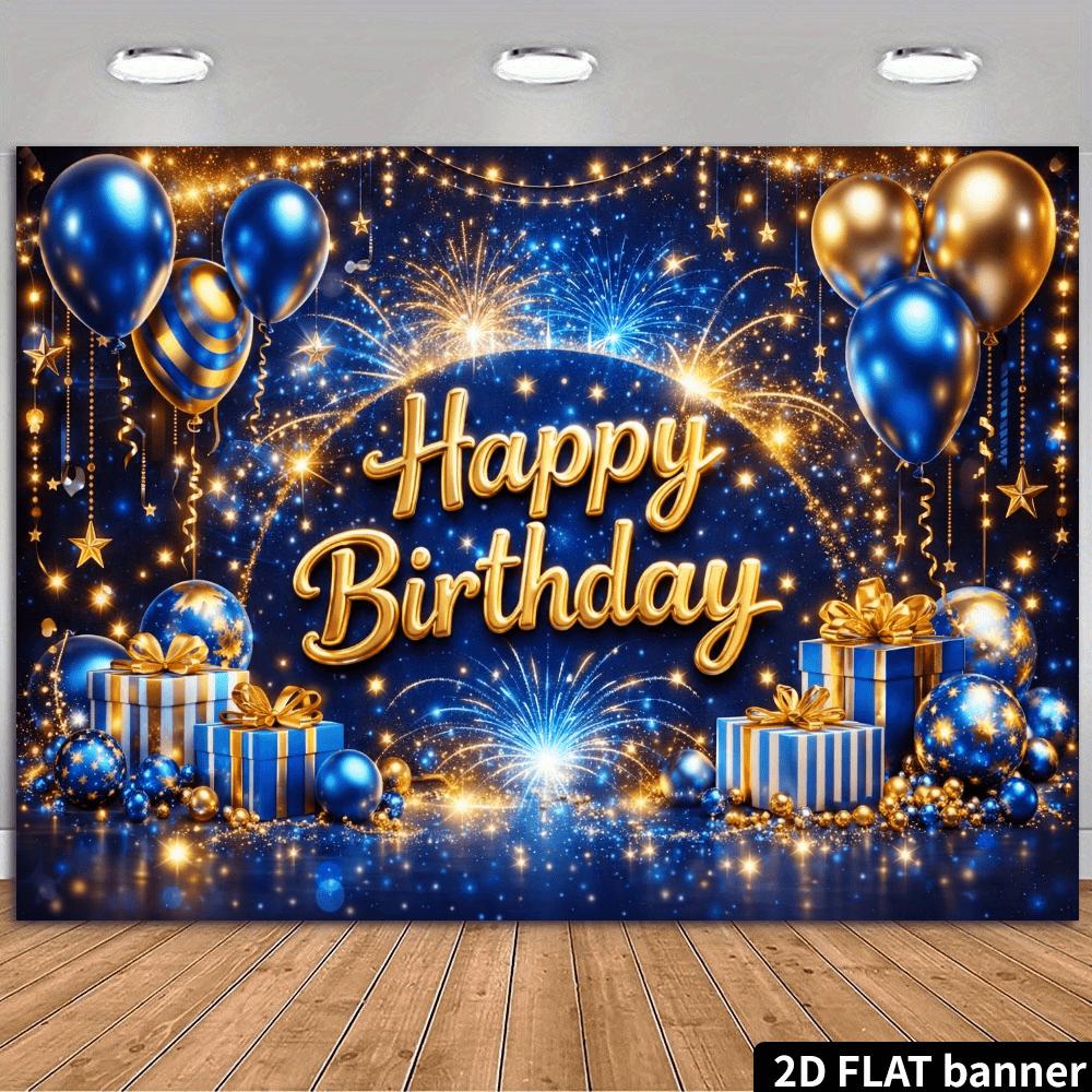2D Flat Banner - Adult Golden Glitter Birthday Background Fabric - Golden "Happy Birthday" words shine on a dark blue background