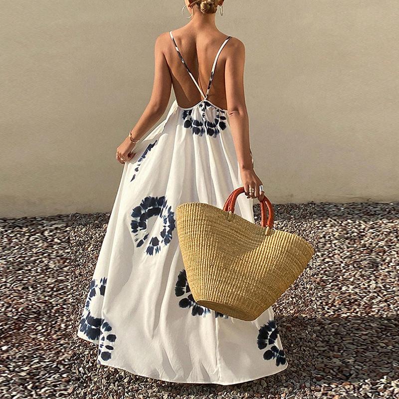 European and American Sexy Elegant Temperament Backless Suspender Loose Vacation Style Long Skirt for Women