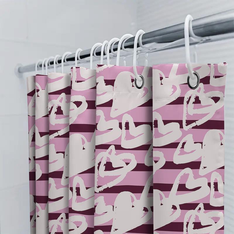 Charming Pink And White Striped Shower Curtain With Heart Design Modern Bathroom Decor For Home Decoration