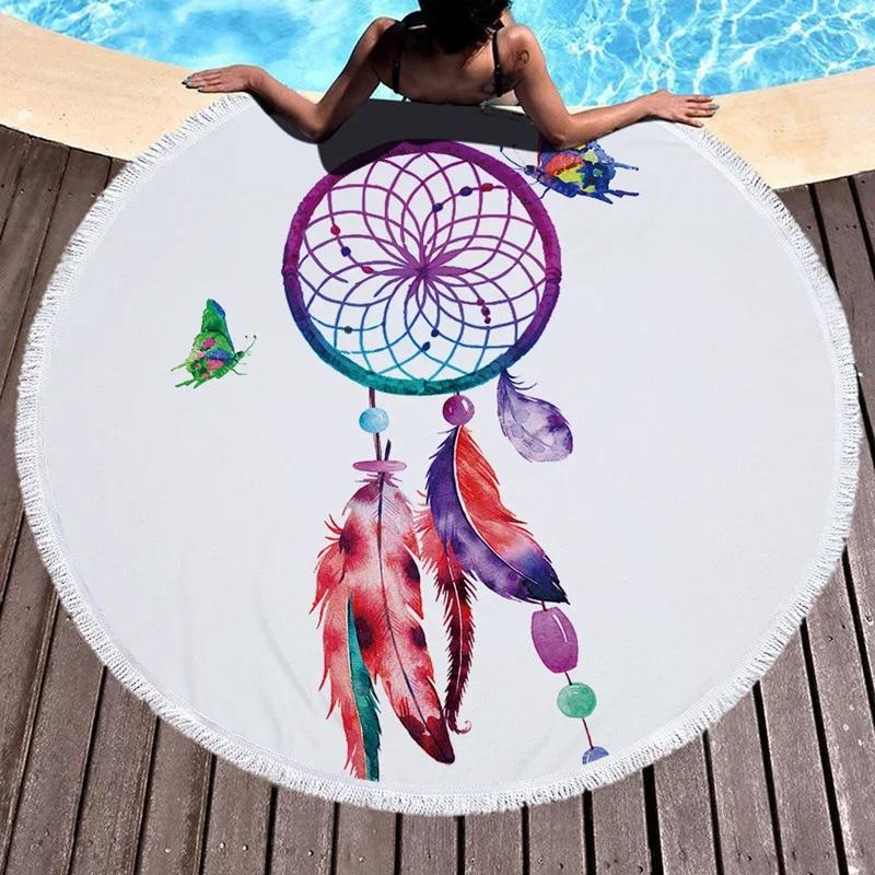 Round Beach Towel With Tassel Dream Catcher Microfiber For Swimming Bath Picnic Sandless Wall Tapestry Blanket