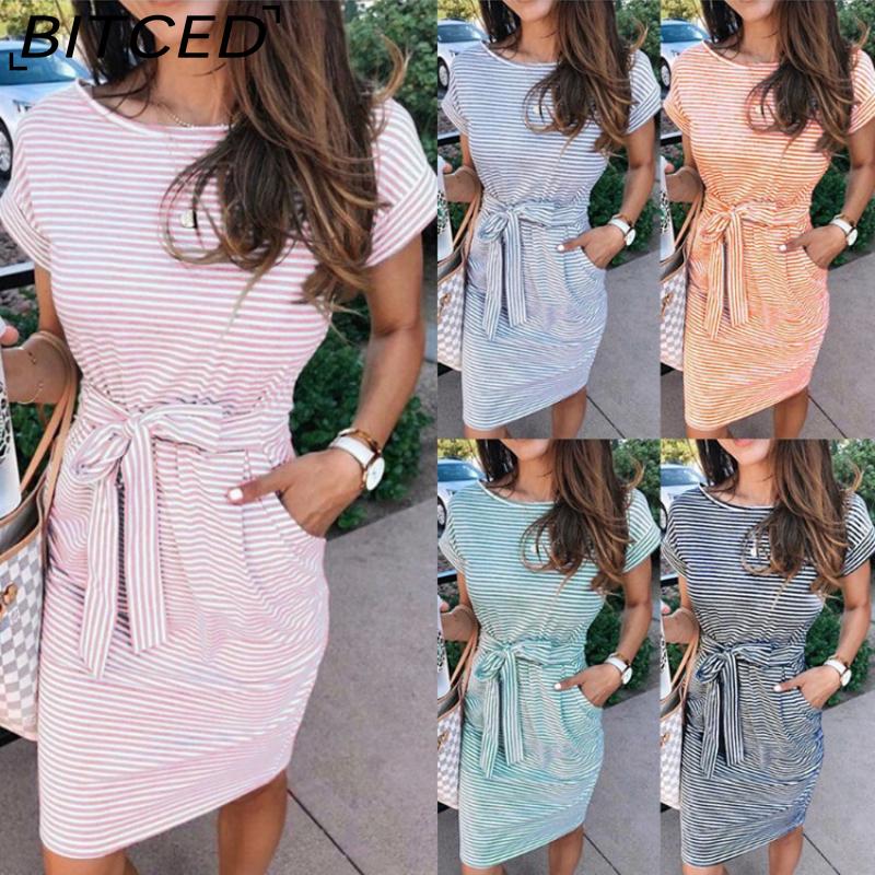 BITCED Dámská móda Léto Jaro Jednobarevný potisk Neformální šaty s krátkým rukávem do O-výstřihu a vysokým pasem