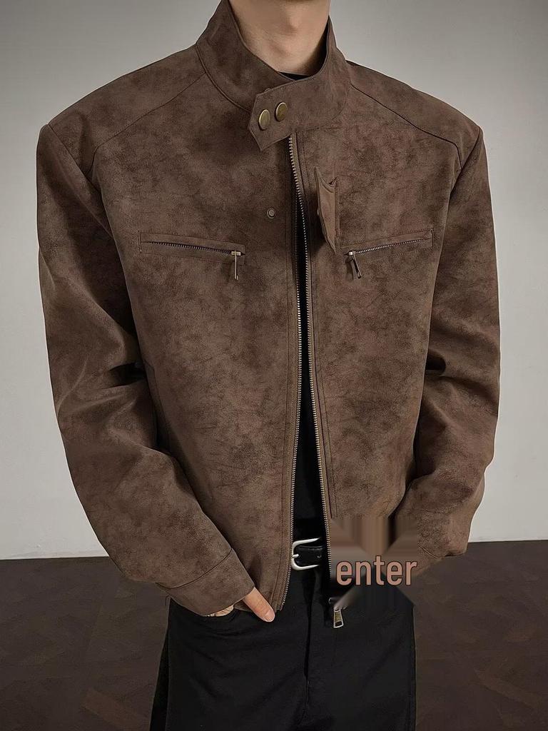 American Retro PU Leather Stand Collar Motorcycle Jacket for Men - Clean Fit, Casual, Versatile.