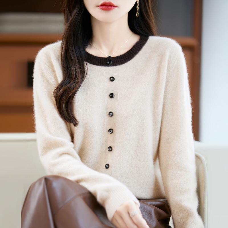 Women's Color Block Two-Piece Look Wool Sweater - Slim Fit, Loose, Round Neck Knitwear for Spring and Autumn