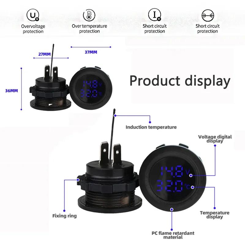 Kebidumei Car Round Temperature Voltmeter 12-24V Auto Voltage Meter Display Digital Measurement Car Motorcycle Boat Thermometer