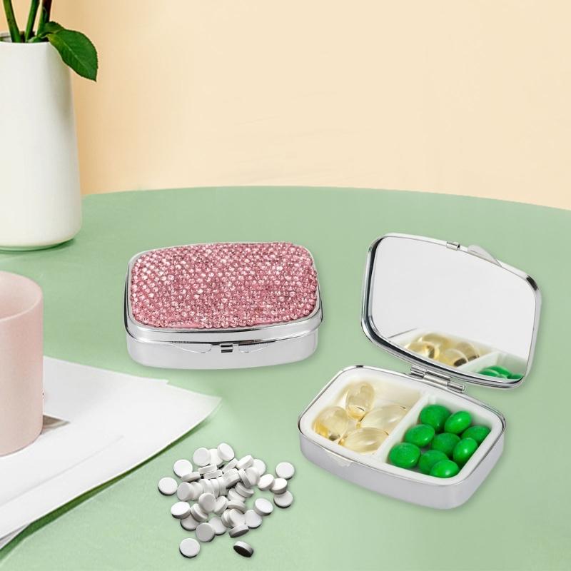Portable Travel Pills Box with Crystal Diamonds Design 2 Compartment Medicine Container Pills Case for Vitamins and Pills
