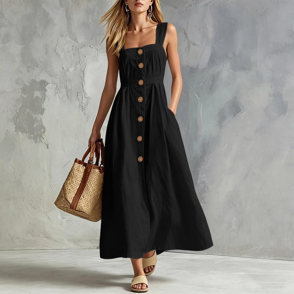 Women's Casual Sleeveless Dress with Thin Straps Button Front Long Dress with Pockets Lightweight Summer Maxi Dress
