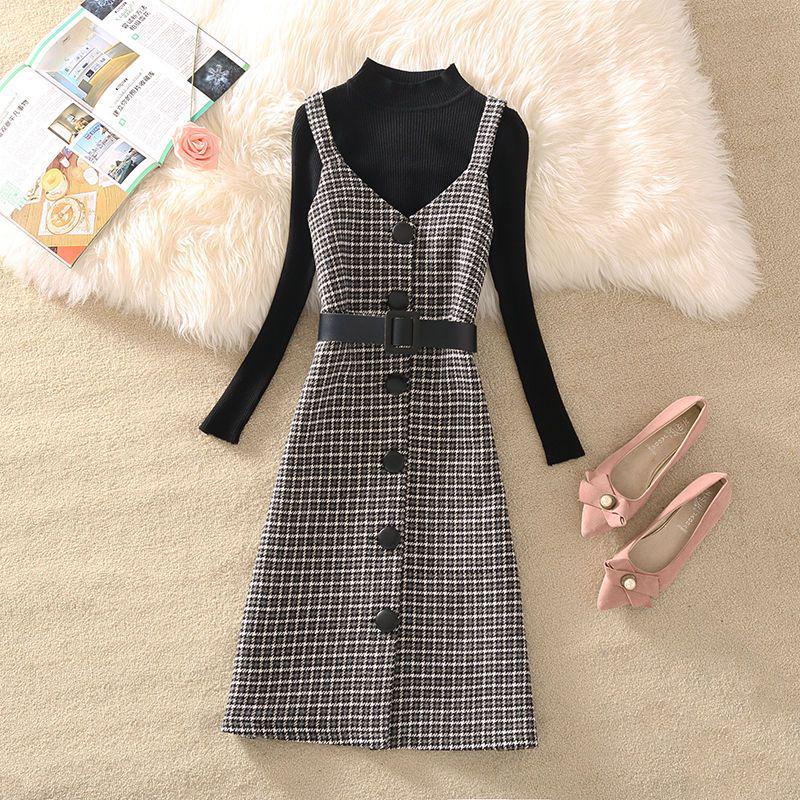 Women's 2023 Retro Wool Plaid Sweater Dress Suit: Trendy Autumn/Winter Two-Piece Set