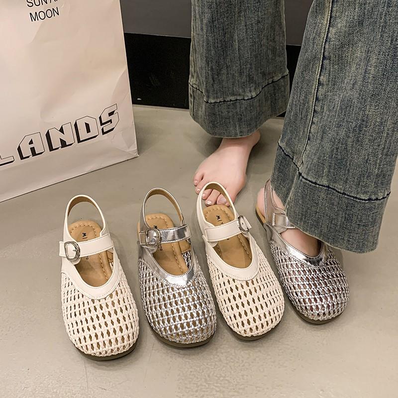 2025 Summer New Roman Sandals Women's One-button Mary Jane Perforated Breathable Woven Silver Flat Single Shoes