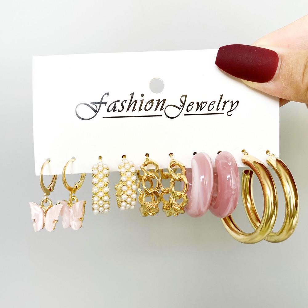 5-Pair Retro Leopard & Floral C-Shaped Earrings Set - Creative Personality Silver Hoops