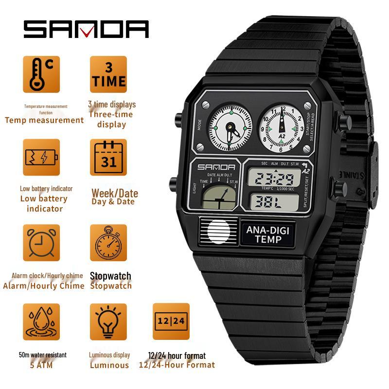 Sanda Men's Multi-Function Square Steel Band Watch with Temperature Measuring and Stopwatch Timer