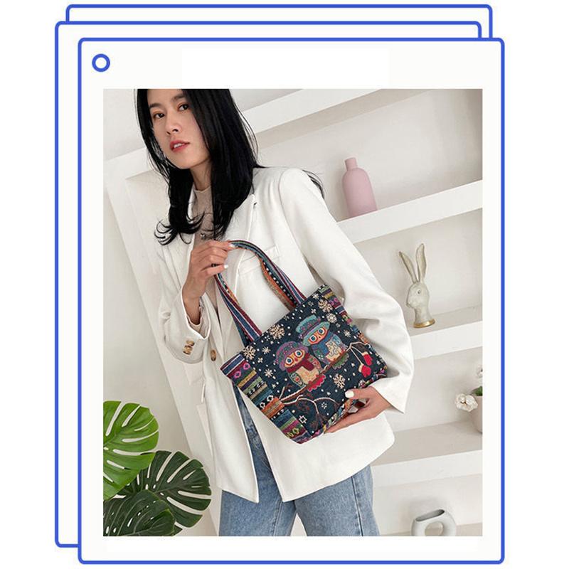 Ethnic Style Handbag Trendy Animal Embroidery Handbag Canvas Women Shoulder Bags Women Grocery Storage Pouch