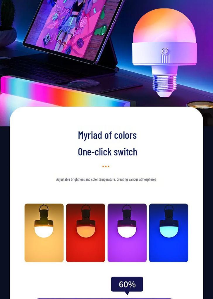 Bombilla LED RGB Recargable E26: 15 Colores, Control Remoto, Regulable, Succión Magnética, Ideal para Lámparas de Pared y Mesa.