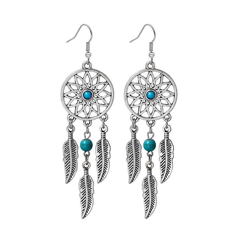 Turquoise Dreamcatcher Tassel Stud Earrings: Elegant Leaf Design, Hot-Selling Hollow Style for Women